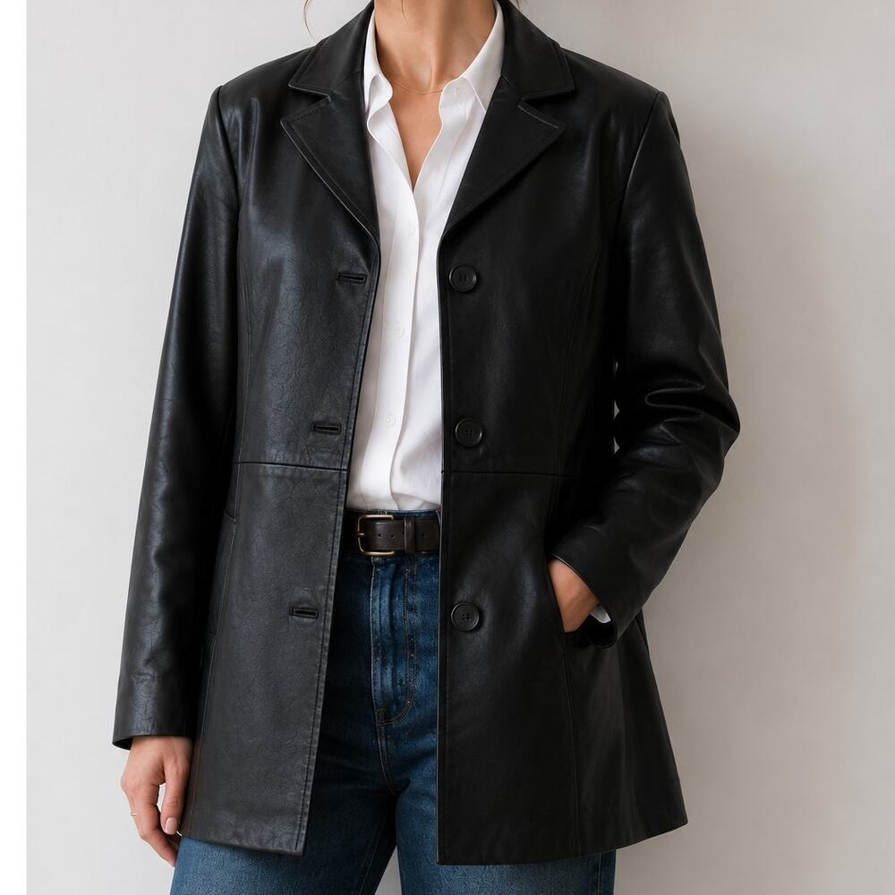 Vintage Worthington Black Leather Jacket Women’s Classic 3 Button Blazer Size XL